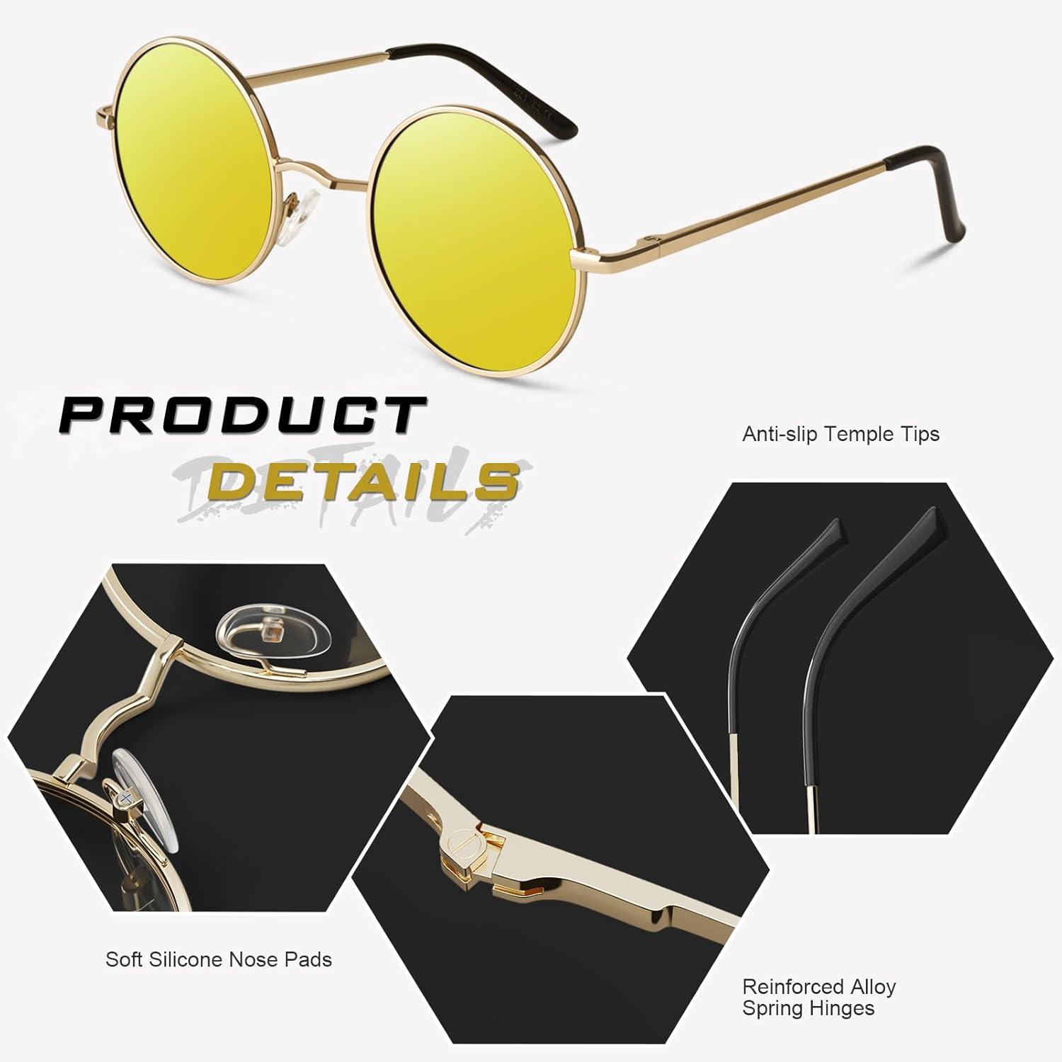 imageGQUEEN Lunettes de Soleil Homme et Femme Polarises Classiques Ronde Rtro Vintage Mtal Cadre Unisexe Avec Protection UV400 MEZ1Dor Orange