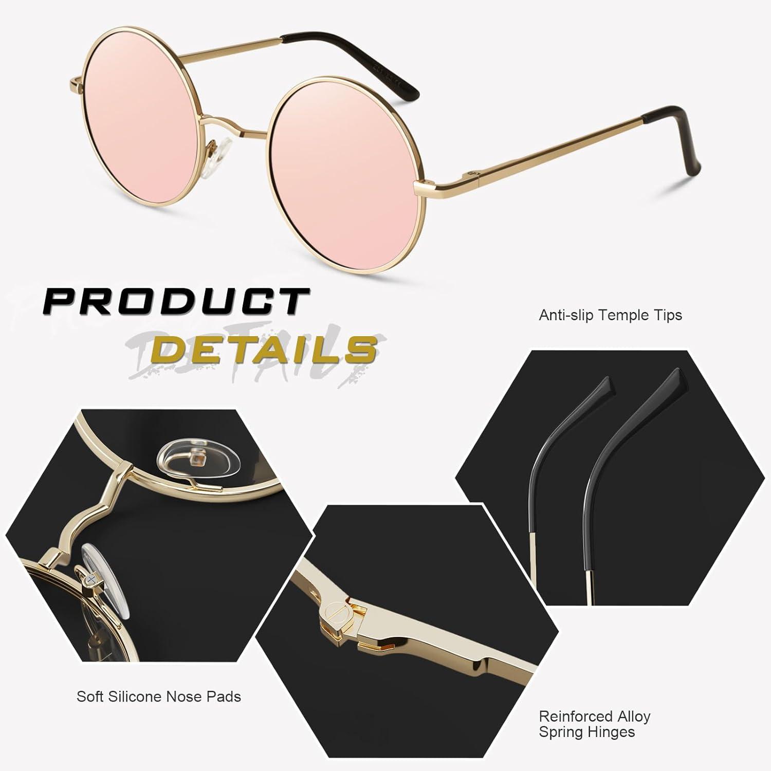 imageGQUEEN Lunettes de Soleil Homme et Femme Polarises Classiques Ronde Rtro Vintage Mtal Cadre Unisexe Avec Protection UV400 MEZ1Dor Rose