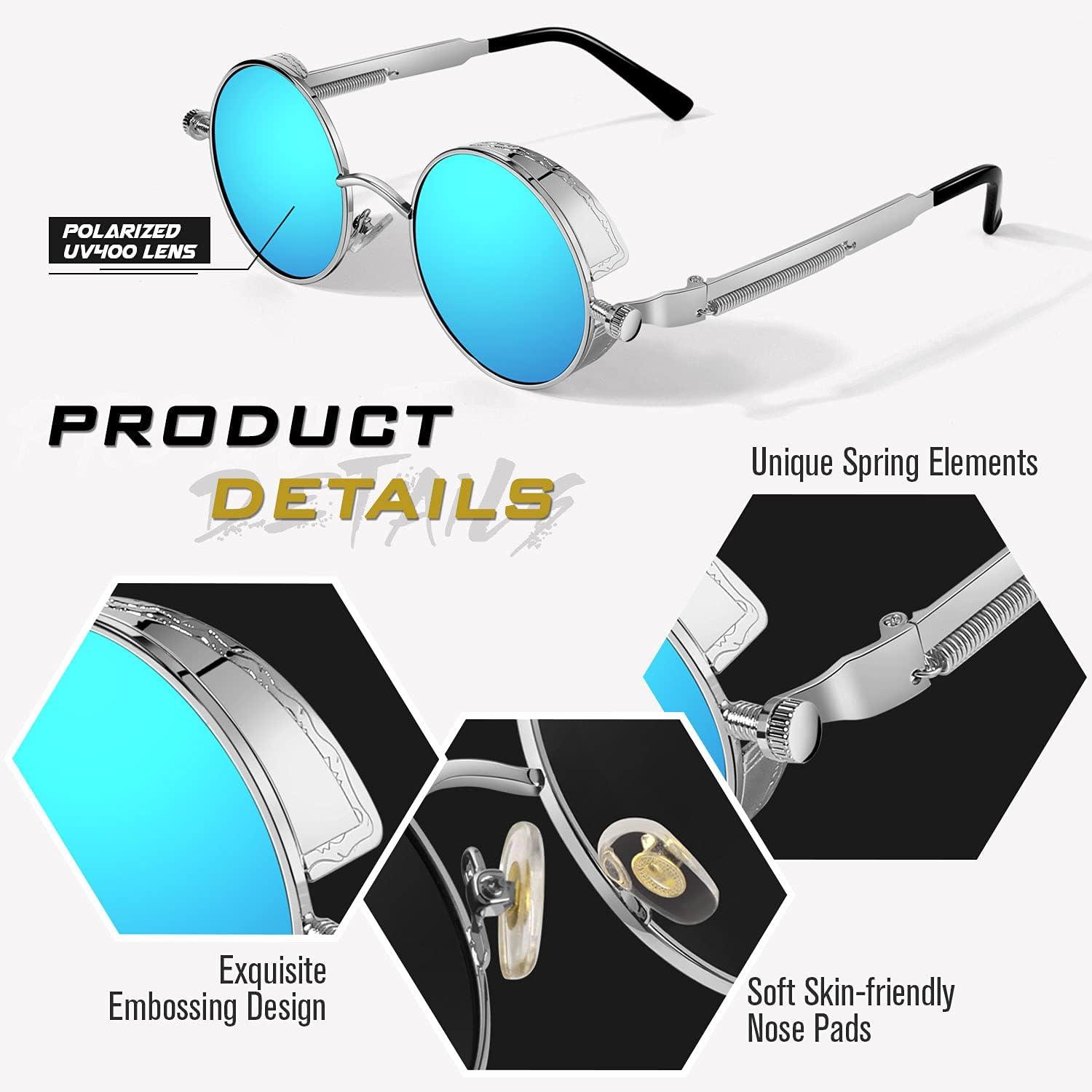 imageGQUEEN Lunettes de Soleil Polarises Ronde Rtro Mtal Cadre Steampunk pour Homme et Femme Unisexe Avec Protection UV4001 Argent Bleu