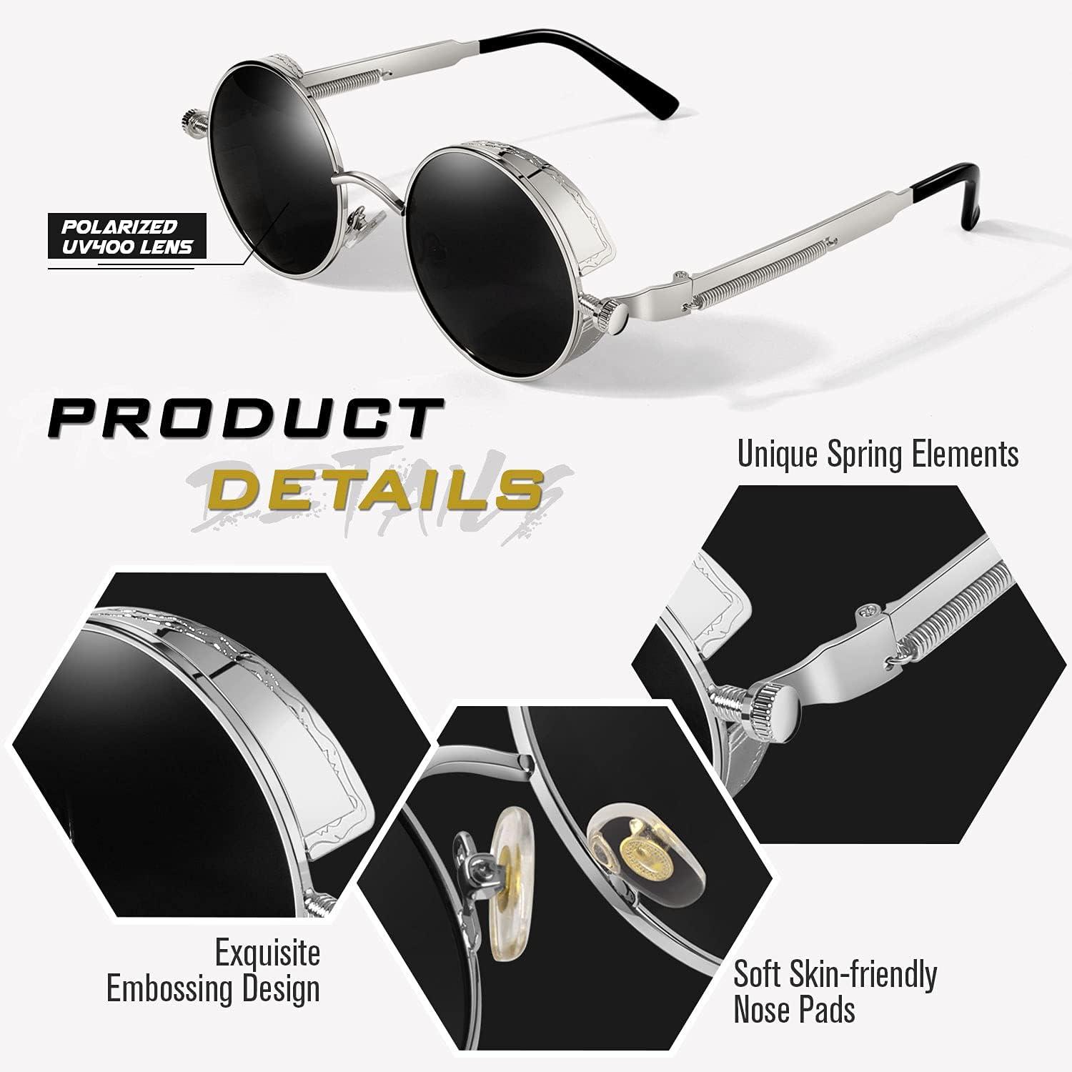imageGQUEEN Lunettes de Soleil Polarises Ronde Rtro Mtal Cadre Steampunk pour Homme et Femme Unisexe Avec Protection UV4001 Argent Gris