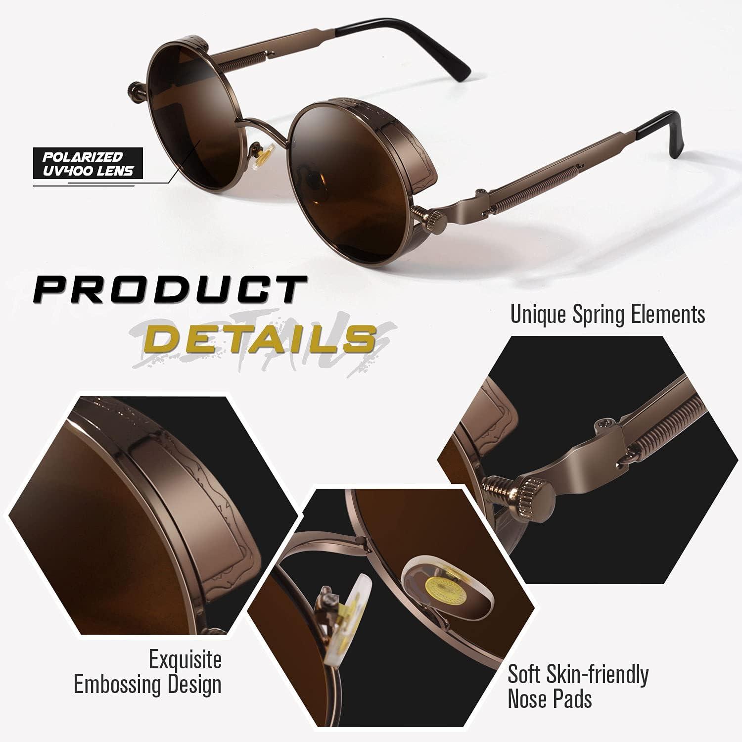 imageGQUEEN Lunettes de Soleil Polarises Ronde Rtro Mtal Cadre Steampunk pour Homme et Femme Unisexe Avec Protection UV4001 Marron Marron