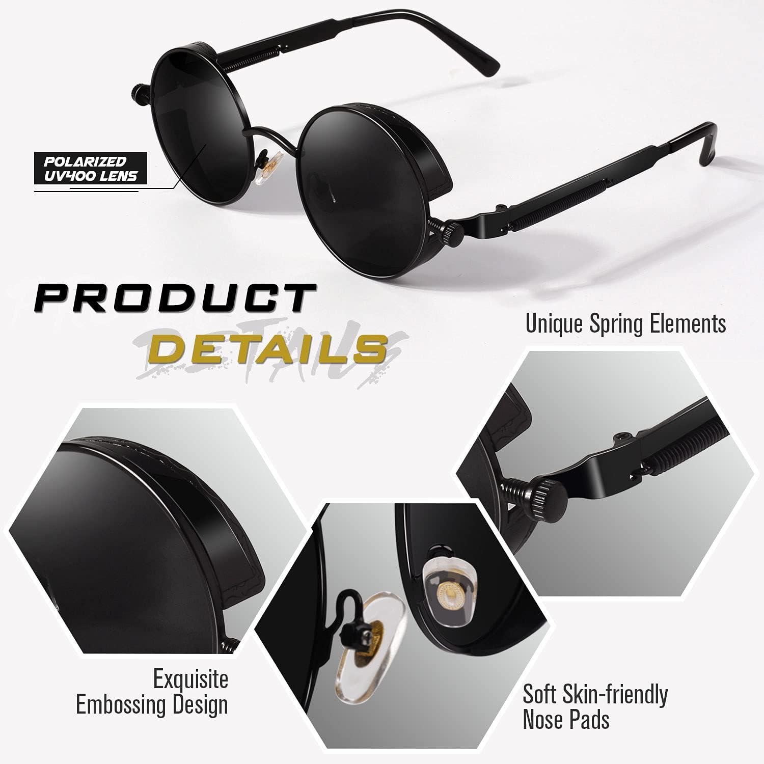 imageGQUEEN Lunettes de Soleil Polarises Ronde Rtro Mtal Cadre Steampunk pour Homme et Femme Unisexe Avec Protection UV4001 Noir Gris
