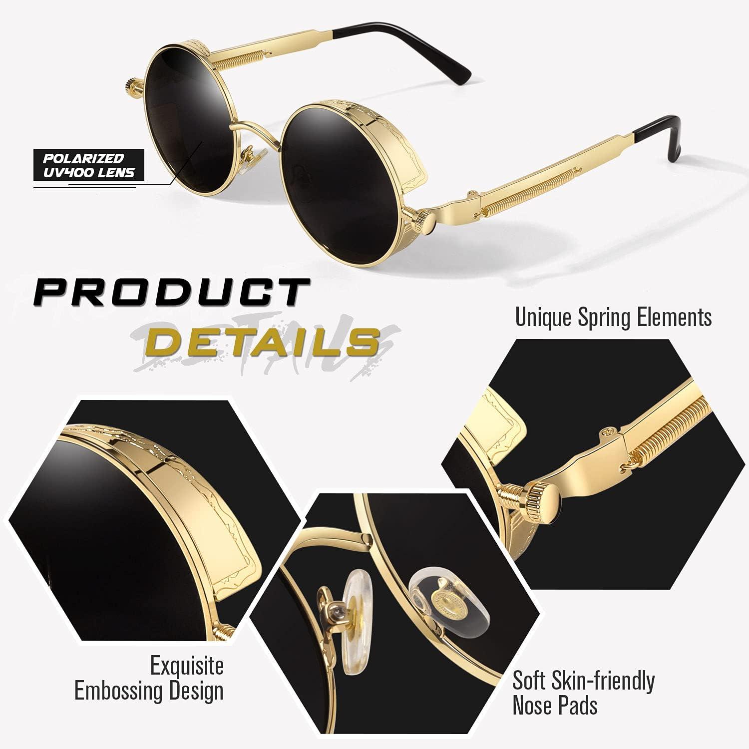 imageGQUEEN Lunettes de Soleil Polarises Ronde Rtro Mtal Cadre Steampunk pour Homme et Femme Unisexe Avec Protection UV4001 Or Gris