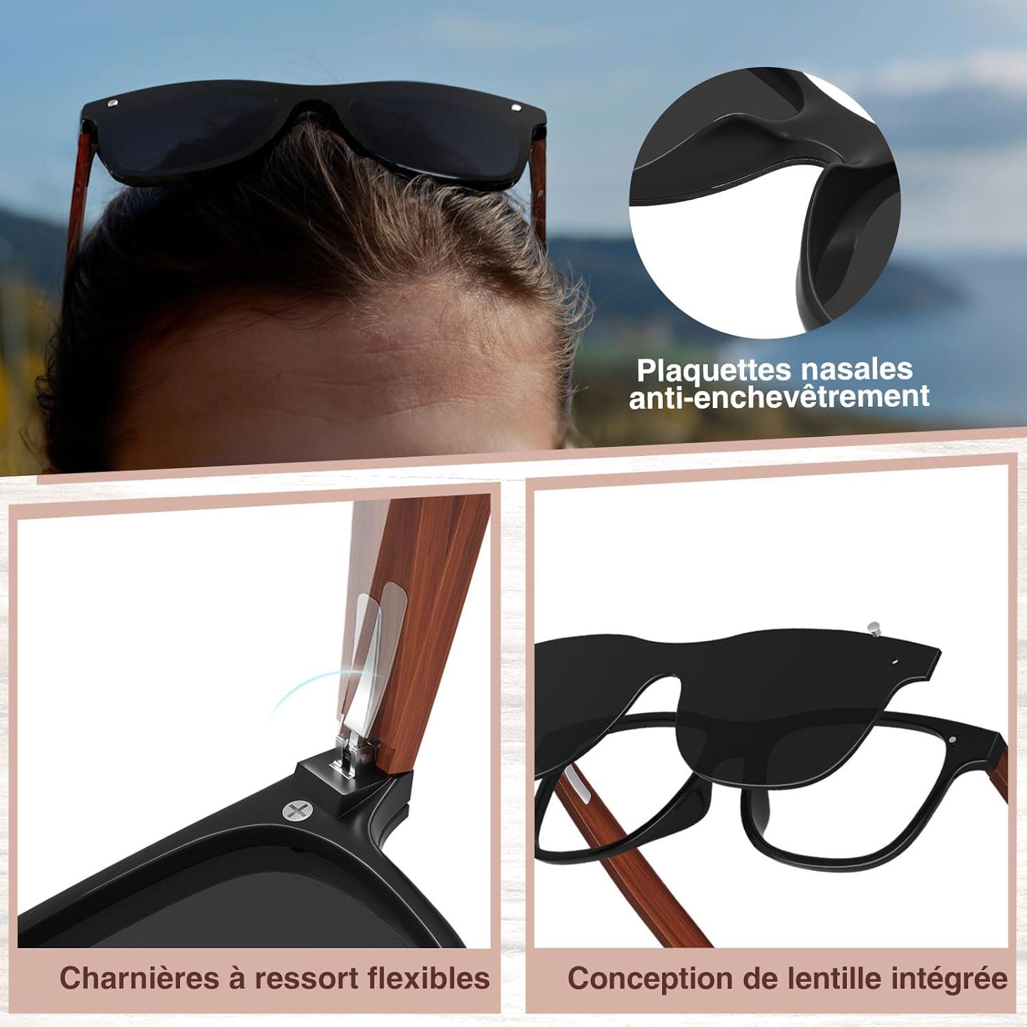 imageGQUEEN Lunettes de soleil Homme Femme Bois Vintage Polarises Classique 100 Protection UV4001 Monture Noire Brillante Lentille Grise