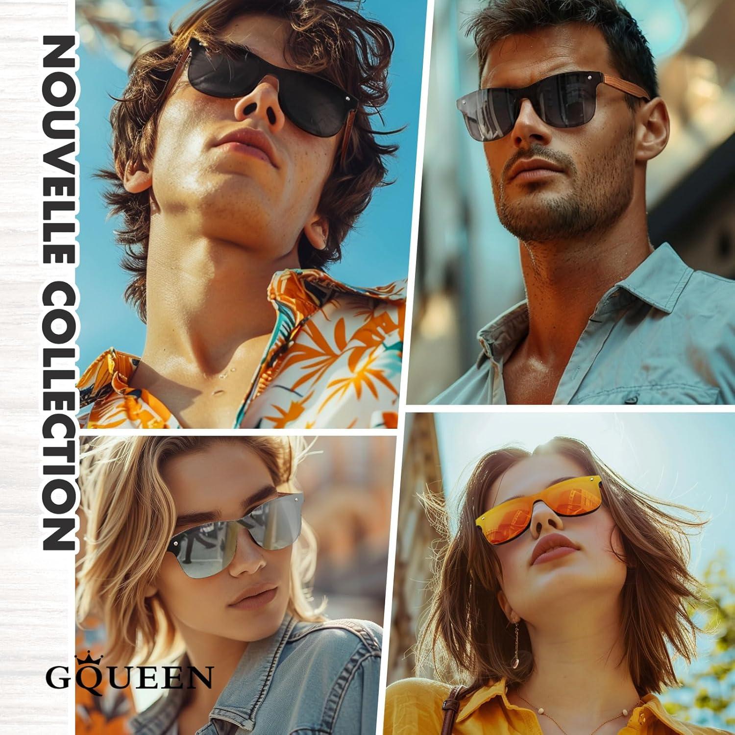 imageGQUEEN Lunettes de soleil Homme Femme Bois Vintage Polarises Classique 100 Protection UV4001 Monture Noire Brillante Lentille Miroir Rouge