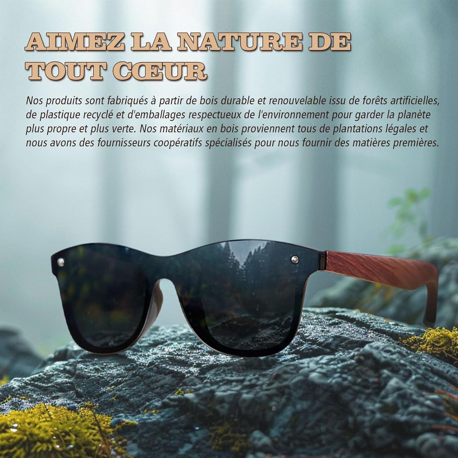 imageGQUEEN Lunettes de soleil Homme Femme Bois Vintage Polarises Classique 100 Protection UV4001 Monture Noire Brillante Lentille Miroir Rouge