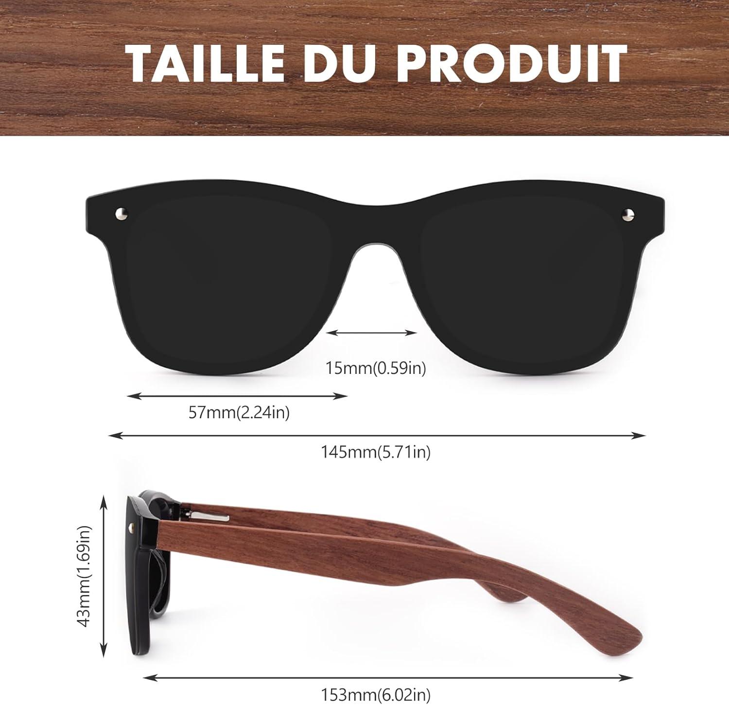 imageGQUEEN Lunettes de soleil Homme Femme Bois Vintage Polarises Classique 100 Protection UV4001 Monture Noire Brillante Lentille Miroir Rouge