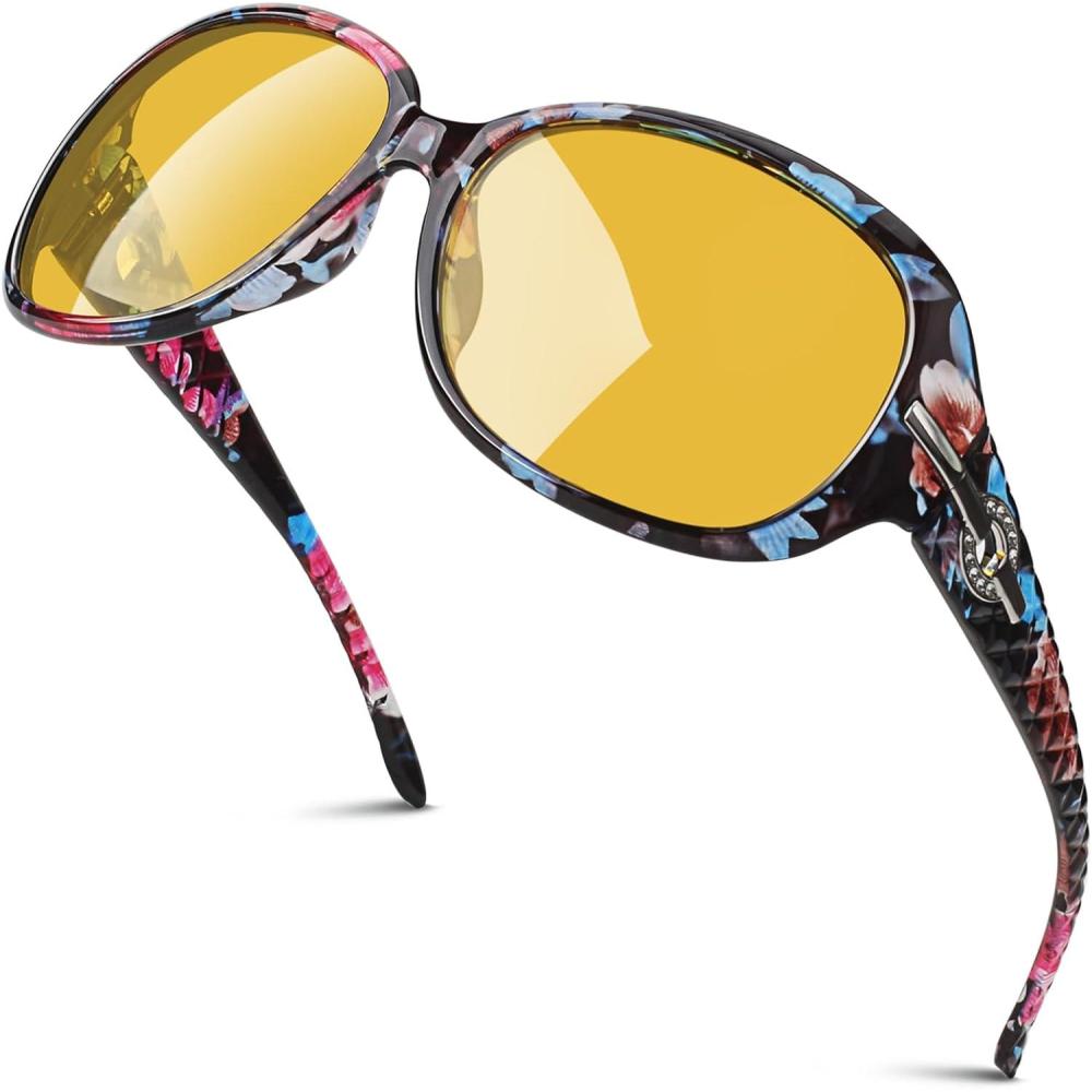 imageGQUEEN Lunettes de Soleil Femme Polarise UV400 Mode et Rtro Grand CadreFloralJaune