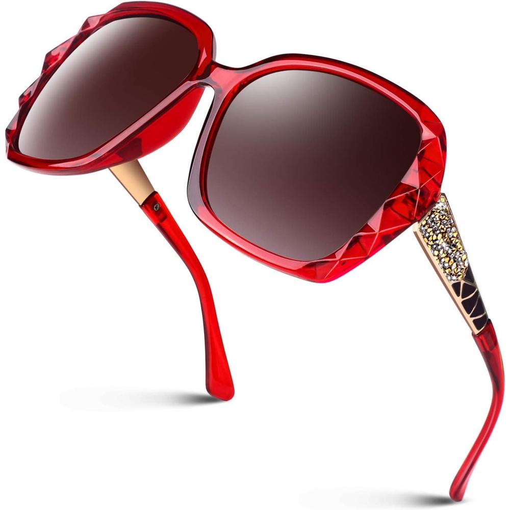 imageGQUEEN Lunettes de Soleil Femme Polarises Retro Classique Carres Lunettes Grand Cadre Protection UV40011 RougeRouge