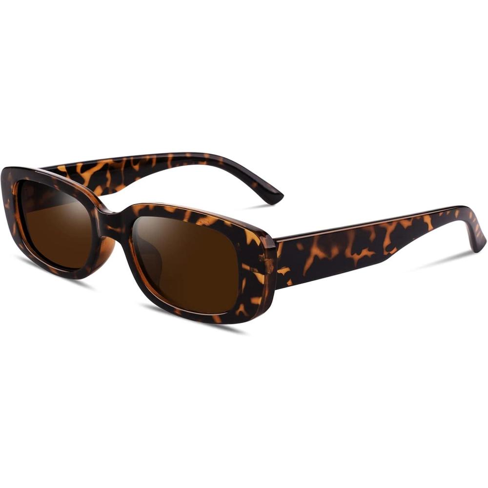 imageGQUEEN Lunettes de Soleil Femme Rectangulaires Polarises Vintage Retro Vouge Lunette de Soleil Protection UV40011 Monture Lopard Verres Marron