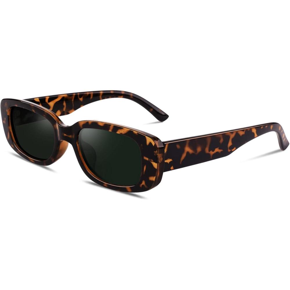 imageGQUEEN Lunettes de Soleil Femme Rectangulaires Polarises Vintage Retro Vouge Lunette de Soleil Protection UV40011 Monture Lopard Verres Verts G15