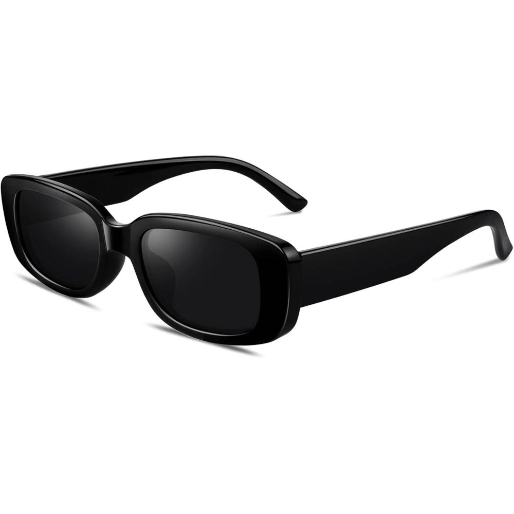 imageGQUEEN Lunettes de Soleil Femme Rectangulaires Polarises Vintage Retro Vouge Lunette de Soleil Protection UV40011 Monture Noire Verres Gris