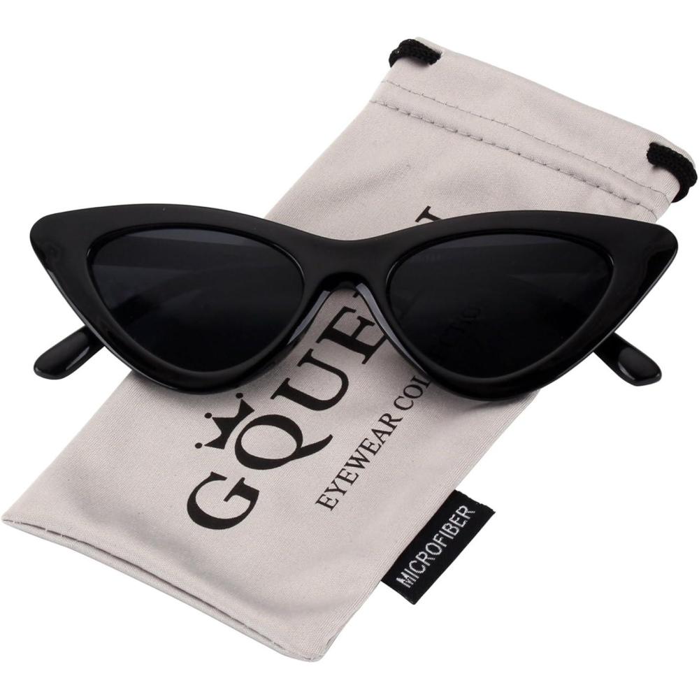 imageGQUEEN Lunettes de Soleil Femme Retro Mode Oeil de Chat Style Vintage Annes 90 Branche Protection UV40011 Gris Noir Brillant