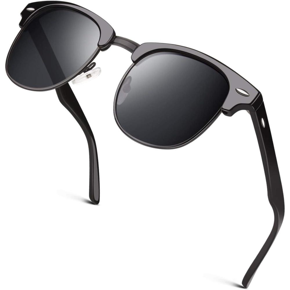 imageGQUEEN Lunettes de Soleil Homme Femme Polarises Retro DemiCercles DemiMonture Protection UV400 GQO60 Brillant Noir Gris