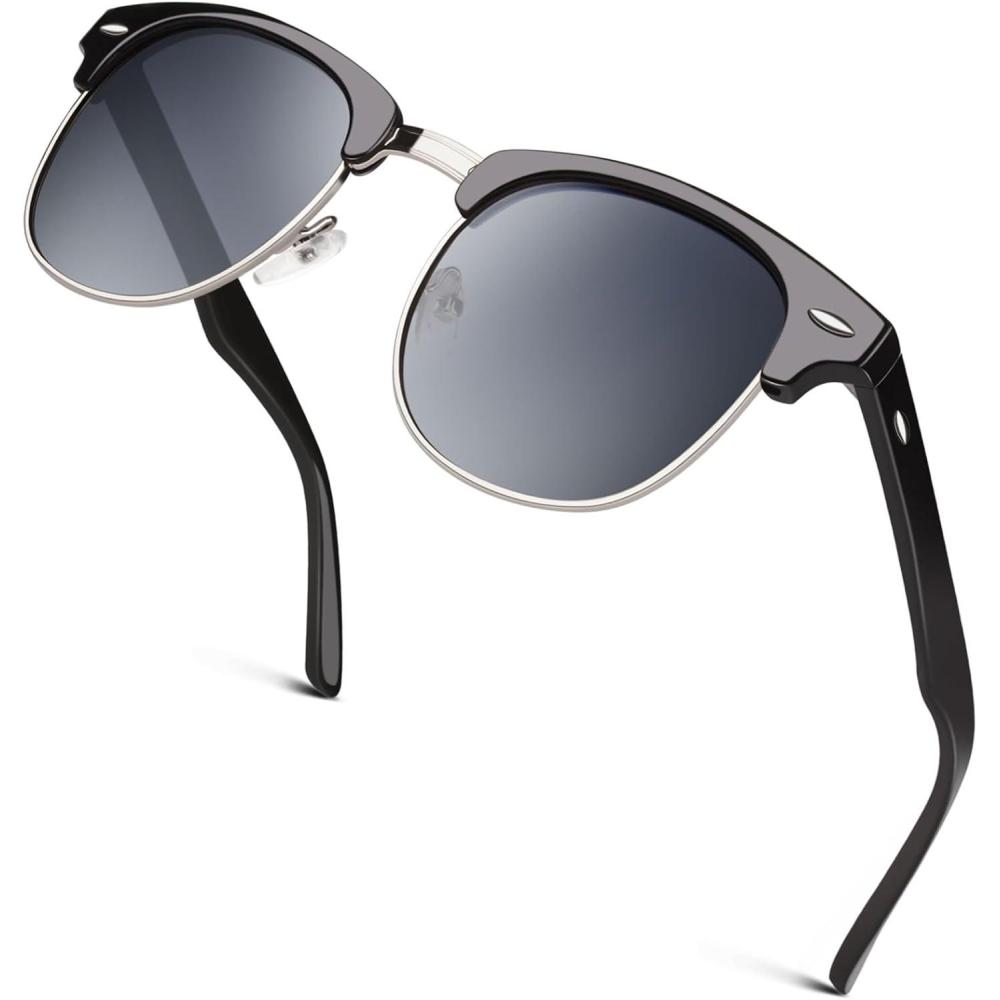 imageGQUEEN Lunettes de Soleil Homme Femme Polarises Retro DemiCercles DemiMonture Protection UV400 GQO61 Argent Dgradgris