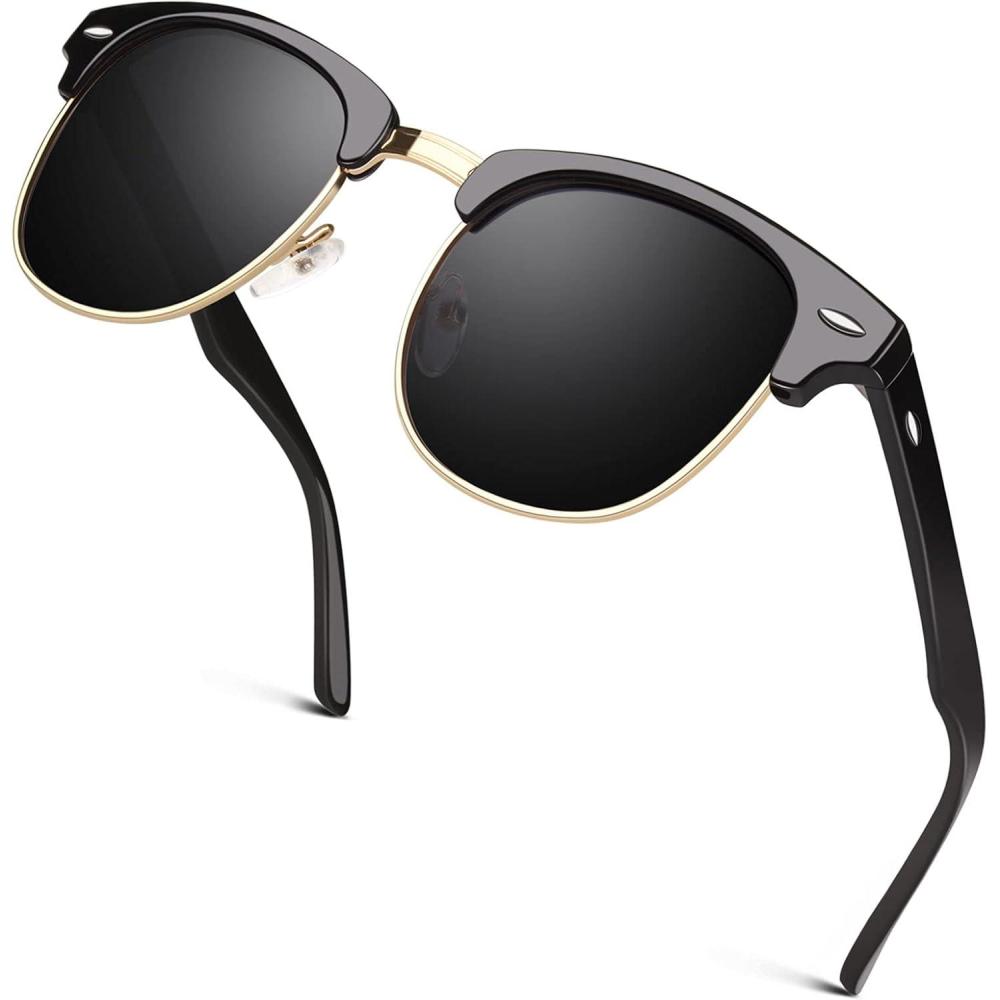 imageGQUEEN Lunettes de Soleil Homme Femme Polarises Retro DemiCercles DemiMonture Protection UV400 GQO61 Cadre Noir BrillantLentille Grise Bord Dor