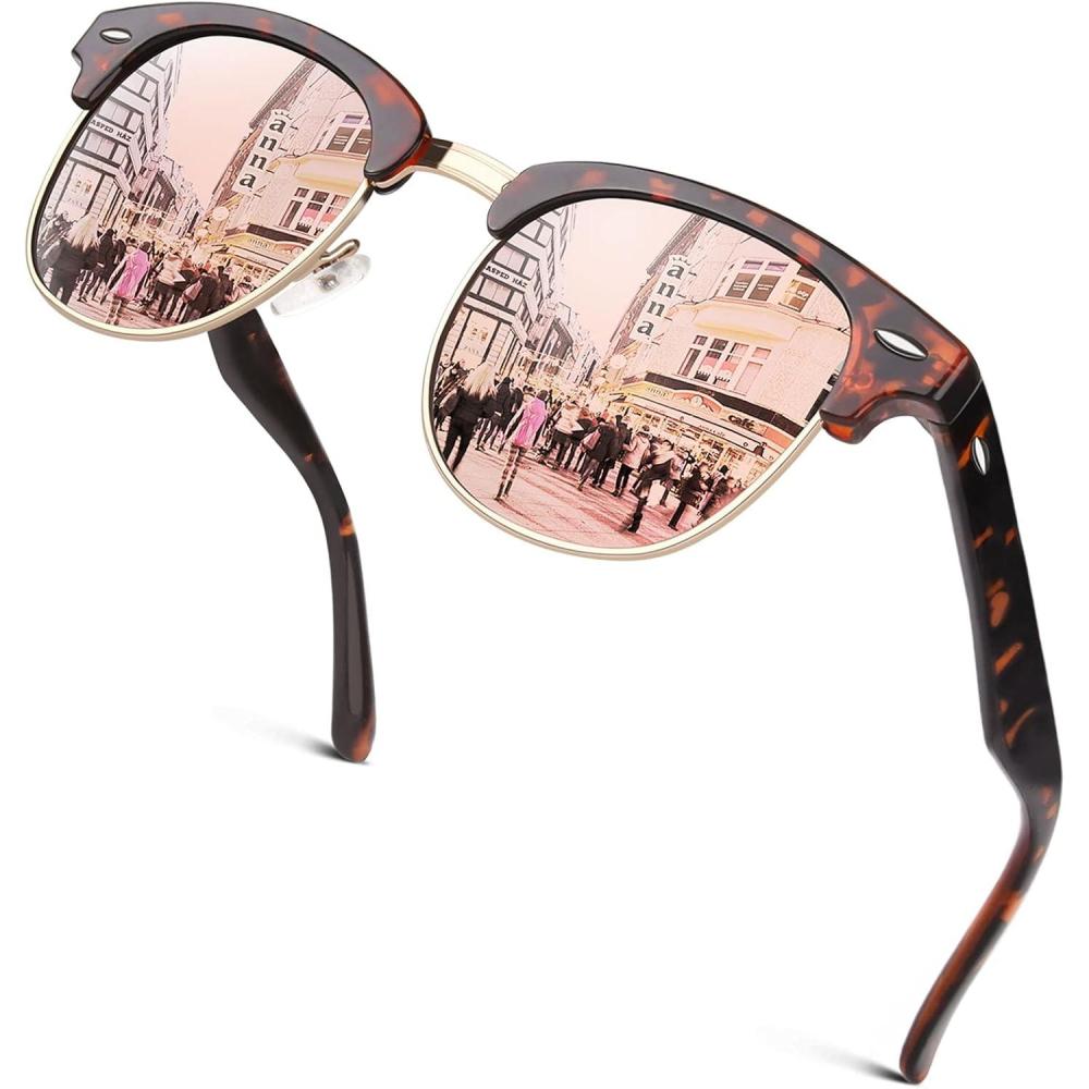 imageGQUEEN Lunettes de Soleil Homme Femme Polarises Retro DemiCercles DemiMonture Protection UV400 GQO61 Monture caille Lentille Rose