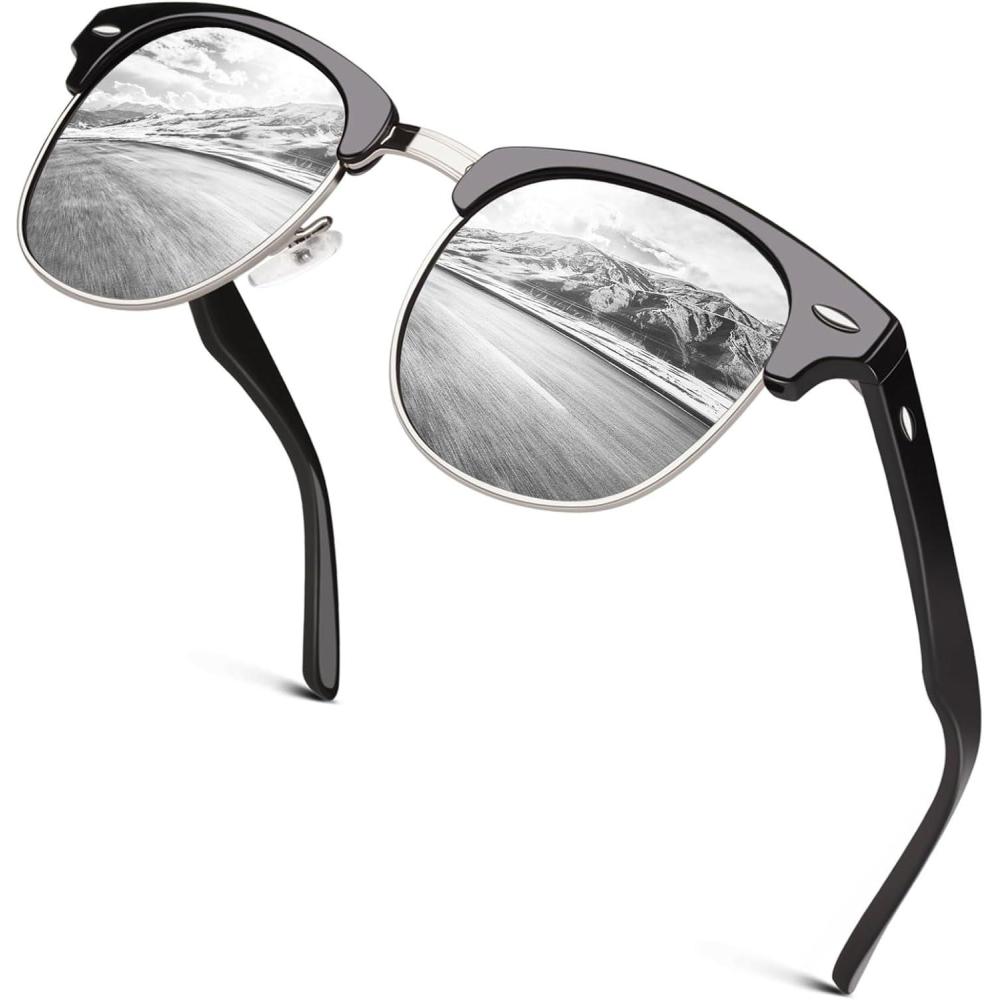 imageGQUEEN Lunettes de Soleil Homme Femme Polarises Retro DemiCercles DemiMonture Protection UV400 GQO61 Noir Argent