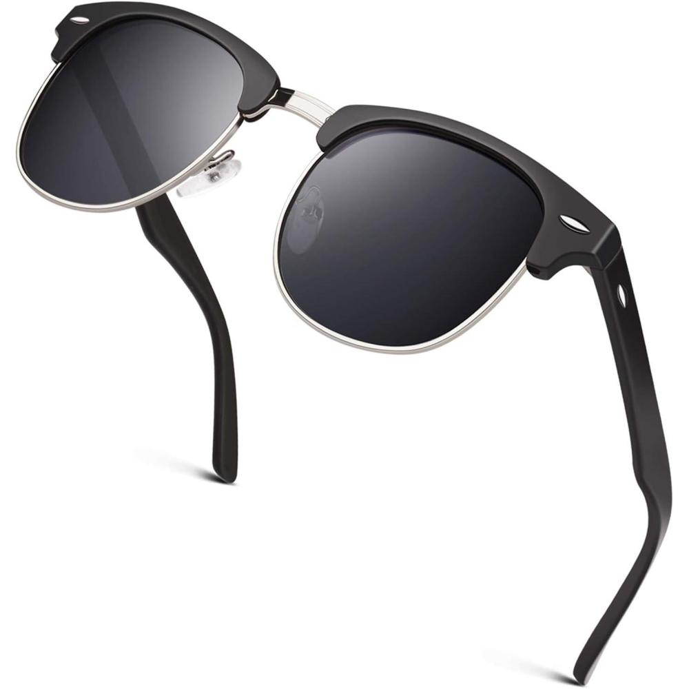 imageGQUEEN Lunettes de Soleil Homme Femme Polarises Retro DemiCercles DemiMonture Protection UV400 GQO61 Noir Mat Gris