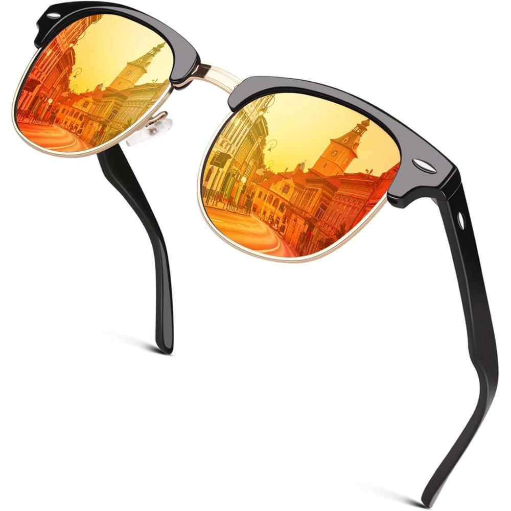 imageGQUEEN Lunettes de Soleil Homme Femme Polarises Retro DemiCercles DemiMonture Protection UV400 GQO61 Noir Orange