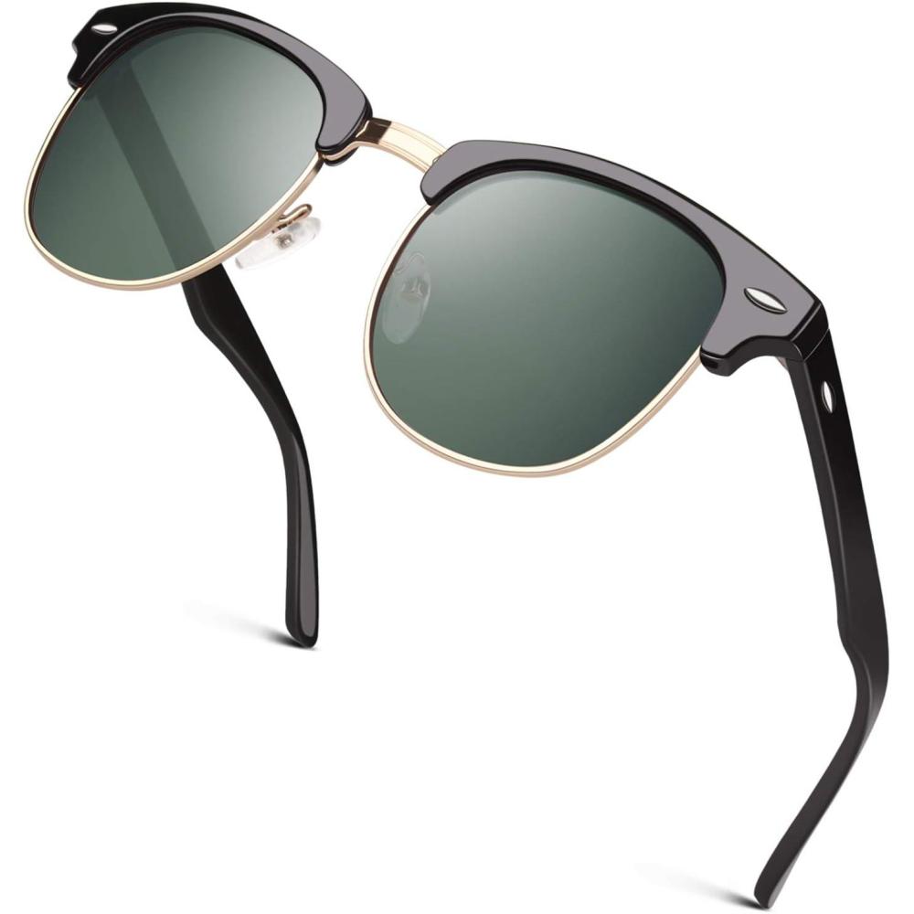 imageGQUEEN Lunettes de Soleil Homme Femme Polarises Retro DemiCercles DemiMonture Protection UV400 GQO61 Noir Vert