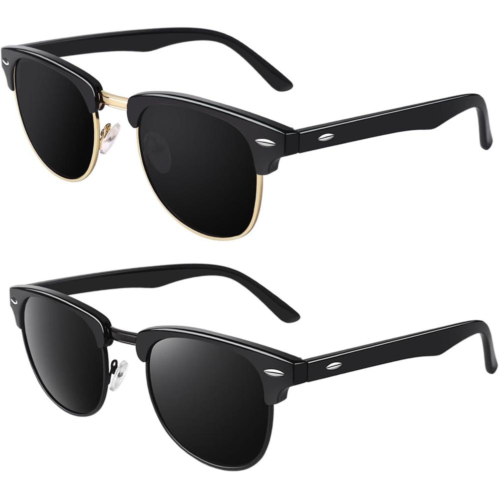 imageGQUEEN Lunettes de Soleil Homme Femme Polarises Retro DemiCercles DemiMonture Protection UV400 GQO62 Brillant Noir Gris Cadre Noir BrillantLentille Grise Bord Dor