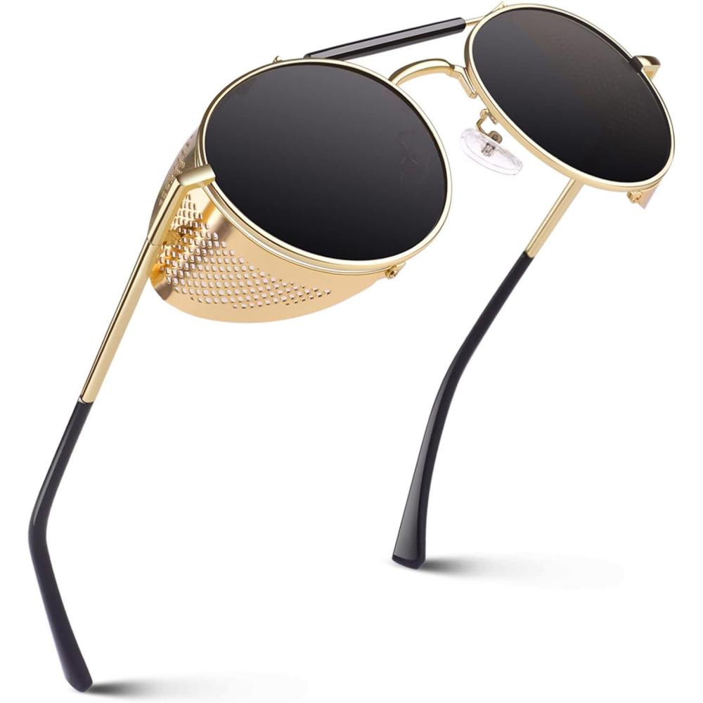 imageGQUEEN Lunettes de Soleil Homme Femme Polarises Rtro Ronde Mtal Steampunk Avec Protection UV400