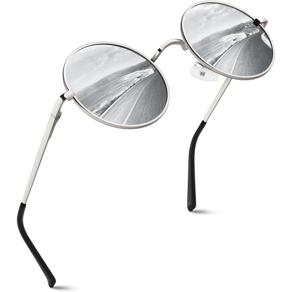 imageGQUEEN Lunettes de Soleil Homme et Femme Polarises Classiques Ronde Rtro Vintage Mtal Cadre Unisexe Avec Protection UV400 MEZ1Argent Argent