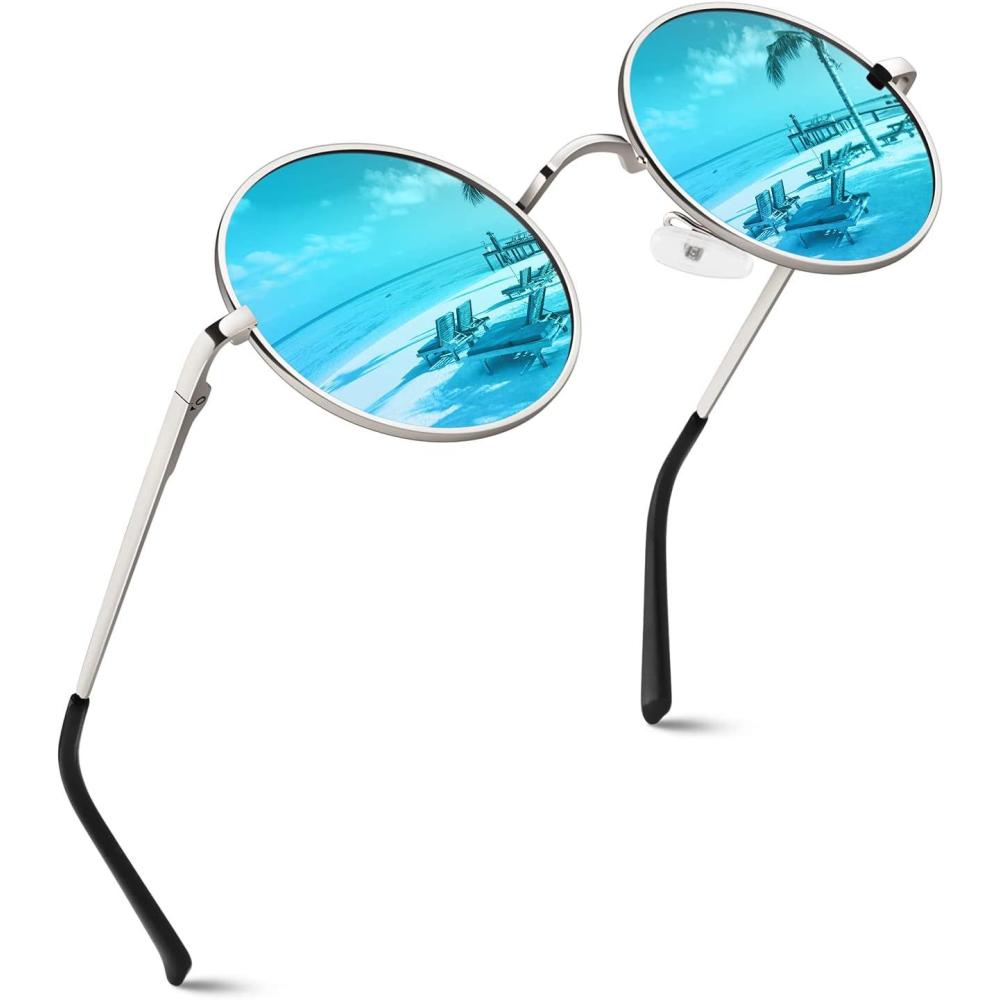 imageGQUEEN Lunettes de Soleil Homme et Femme Polarises Classiques Ronde Rtro Vintage Mtal Cadre Unisexe Avec Protection UV400 MEZ1Argent Bleu