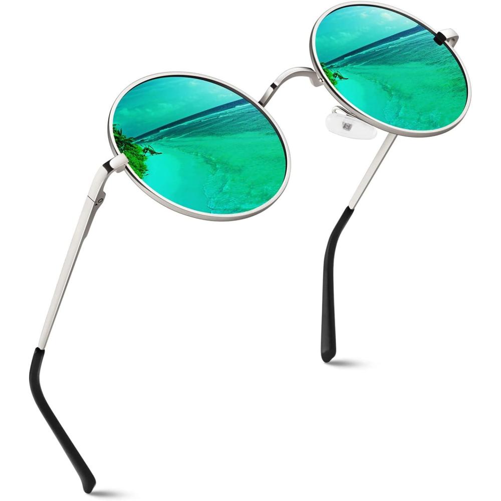 imageGQUEEN Lunettes de Soleil Homme et Femme Polarises Classiques Ronde Rtro Vintage Mtal Cadre Unisexe Avec Protection UV400 MEZ1Argent Vert