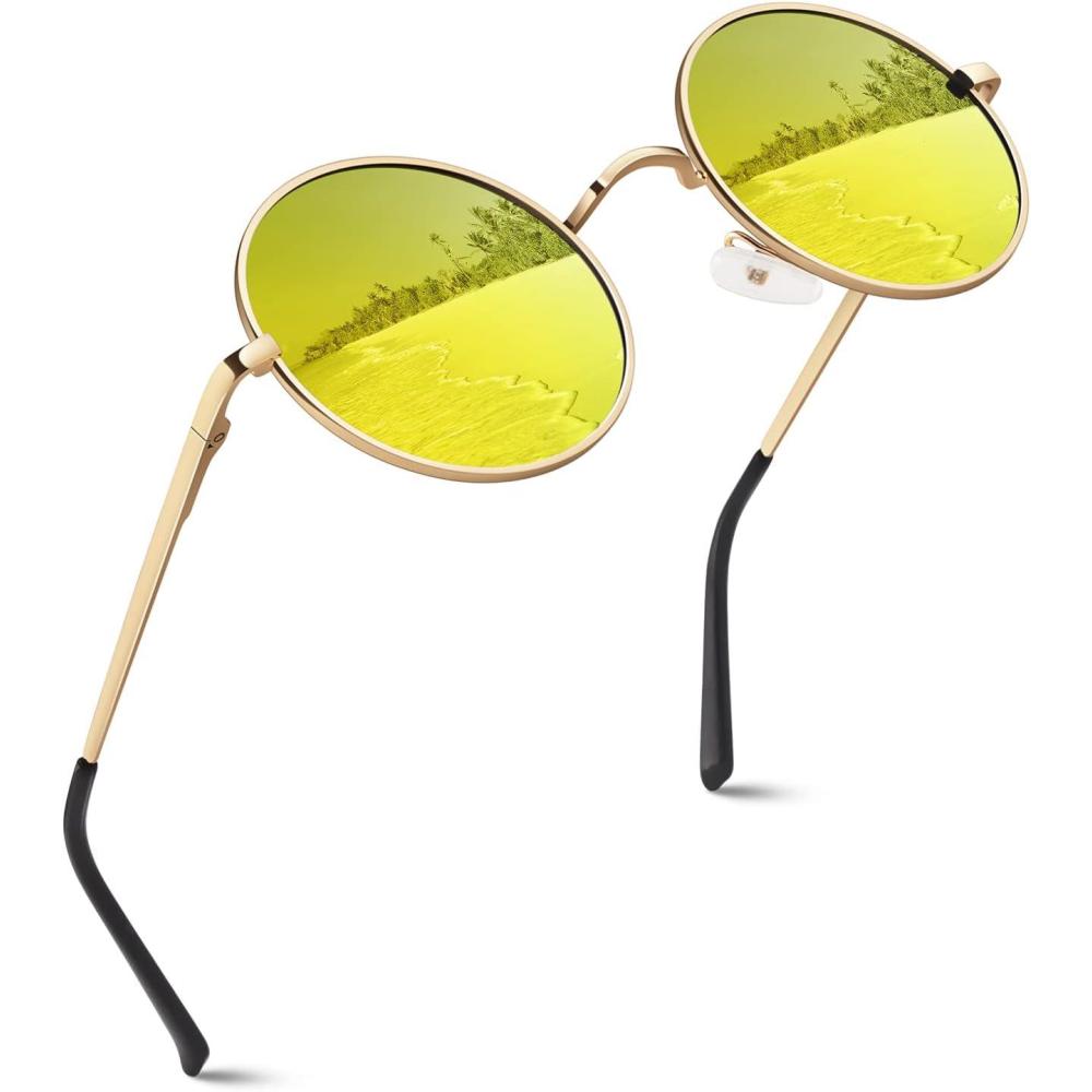 imageGQUEEN Lunettes de Soleil Homme et Femme Polarises Classiques Ronde Rtro Vintage Mtal Cadre Unisexe Avec Protection UV400 MEZ1Dor Orange