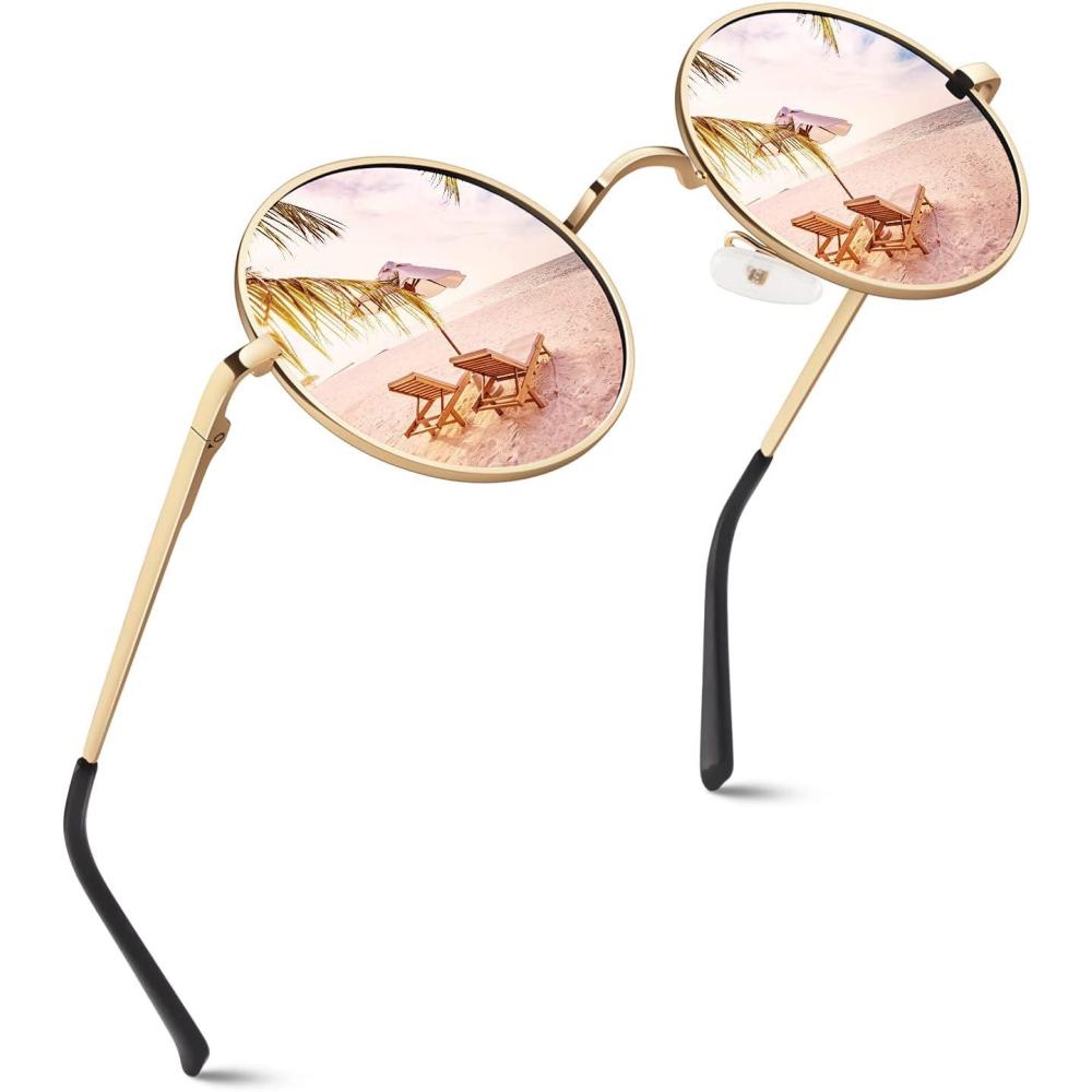 imageGQUEEN Lunettes de Soleil Homme et Femme Polarises Classiques Ronde Rtro Vintage Mtal Cadre Unisexe Avec Protection UV400 MEZ1Dor Rose