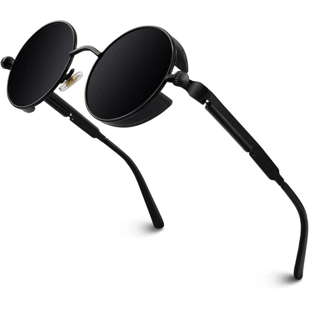 imageGQUEEN Lunettes de Soleil Polarises Ronde Rtro Mtal Cadre Steampunk pour Homme et Femme Unisexe Avec Protection UV4001 Noir Gris