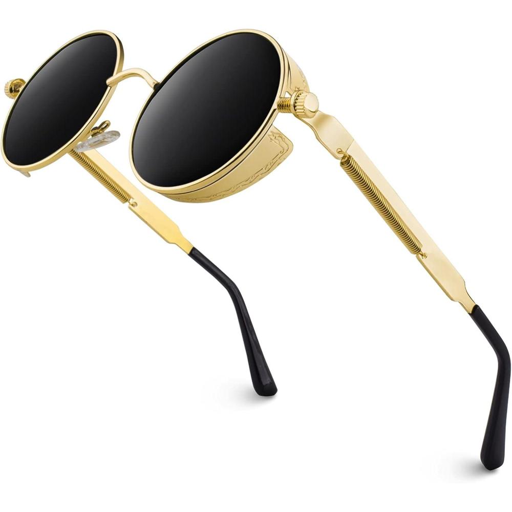 imageGQUEEN Lunettes de Soleil Polarises Ronde Rtro Mtal Cadre Steampunk pour Homme et Femme Unisexe Avec Protection UV4001 Or Gris