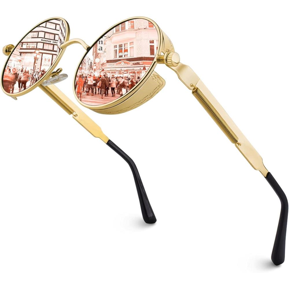 imageGQUEEN Lunettes de Soleil Polarises Ronde Rtro Mtal Cadre Steampunk pour Homme et Femme Unisexe Avec Protection UV4001 Or Rose