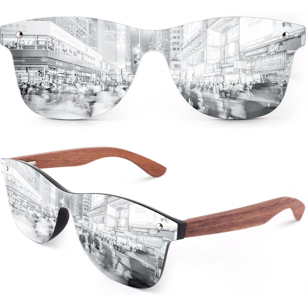 imageGQUEEN Lunettes de soleil Homme Femme Bois Vintage Polarises Classique 100 Protection UV4001 Monture Noire Brillante Lentille Argente Miroir
