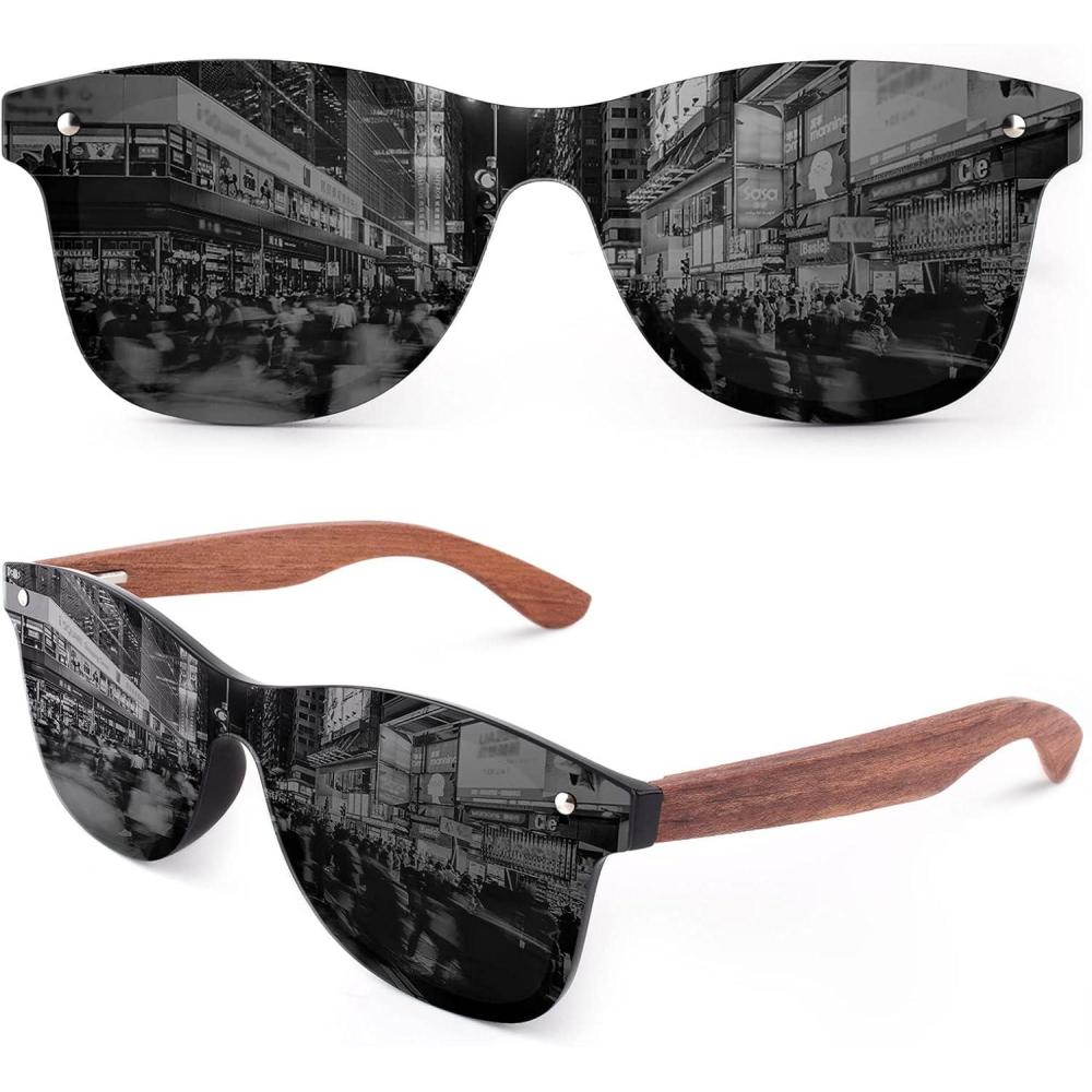 imageGQUEEN Lunettes de soleil Homme Femme Bois Vintage Polarises Classique 100 Protection UV4001 Monture Noire Brillante Lentille Grise