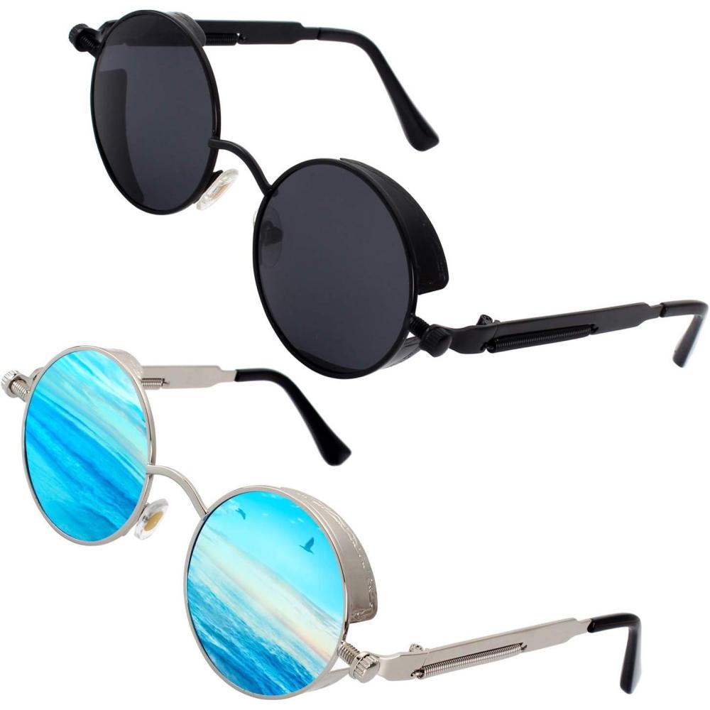 imageGQUEEN Lunettes de soleil polarises Steampunk rtro rondes MTS22 Noir Cadre Gris Lentille Argent Cadre Bleu Lentille