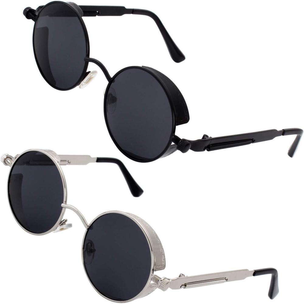 imageGQUEEN Lunettes de soleil polarises Steampunk rtro rondes MTS22 Noir Cadre Gris Lentille  Noir Cadre Argent Lentille
