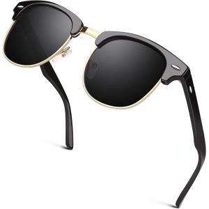 GQUEEN Lunettes de Soleil Homme Femme Polarisées Retro Demi-Cerclées Demi-Monture Protection UV400 GQO6(1 Cadre Noir Brillant/Lentille Grise (Bord Doré))