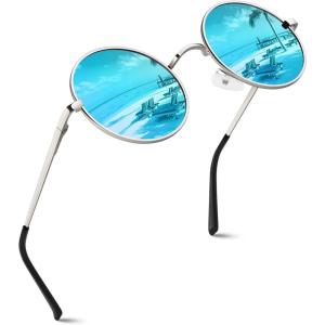 GQUEEN Lunettes de Soleil Homme et Femme Polarisées Classiques Ronde Rétro Vintage Métal Cadre Unisexe Avec Protection UV400 MEZ1(Argenté Bleu)