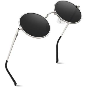GQUEEN Lunettes de Soleil Homme et Femme Polarisées Classiques Ronde Rétro Vintage Métal Cadre Unisexe Avec Protection UV400 MEZ1(Argenté Gris)