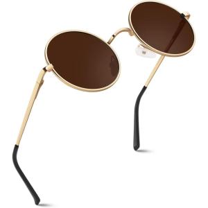 GQUEEN Lunettes de Soleil Homme et Femme Polarisées Classiques Ronde Rétro Vintage Métal Cadre Unisexe Avec Protection UV400 MEZ1(Doré Marron)