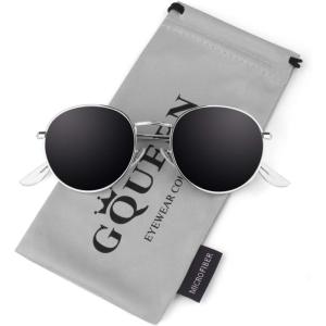 GQUEEN Lunettes de Soleil Homme et Femme Polarisées Lunettes Rondes Miroir Ronde Rétro Vintage Métal Cadre pour Unisexe Avec UV400 Protection MFF7(50mm Argenté Gris（en Miroir))