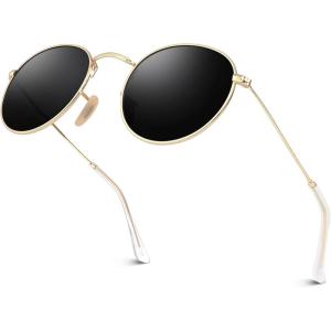 GQUEEN Lunettes de Soleil Homme et Femme Polarisées Lunettes Rondes Miroir Ronde Rétro Vintage Métal Cadre pour Unisexe Avec UV400 Protection MFF7(50mm Doré Gris（en Miroir))