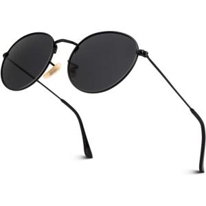 GQUEEN Lunettes de Soleil Homme et Femme Polarisées Lunettes Rondes Miroir Ronde Rétro Vintage Métal Cadre pour Unisexe Avec UV400 Protection MFF7(50mm Noir Gris（en Miroir))