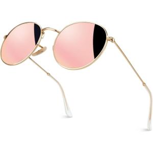GQUEEN Lunettes de Soleil Homme et Femme Polarisées Lunettes Rondes Miroir Ronde Rétro Vintage Métal Cadre pour Unisexe Avec UV400 Protection MFF7(50mm Or Rose（miroir）)