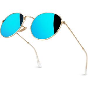 GQUEEN Lunettes de Soleil Homme et Femme Polarisées Lunettes Rondes Miroir Ronde Rétro Vintage Métal Cadre pour Unisexe Avec UV400 Protection MFF7(50mm Or Bleu (Miroir）)
