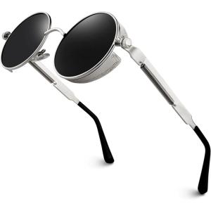 GQUEEN Lunettes de Soleil Polarisées Ronde Rétro Métal Cadre Steampunk pour Homme et Femme Unisexe Avec Protection UV400(1 Argenté Gris)