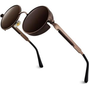 GQUEEN Lunettes de Soleil Polarisées Ronde Rétro Métal Cadre Steampunk pour Homme et Femme Unisexe Avec Protection UV400(1 Marron Marron)